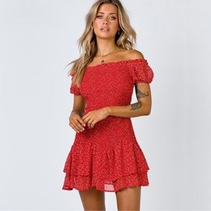 off shoulder fit and flare dress Olivia